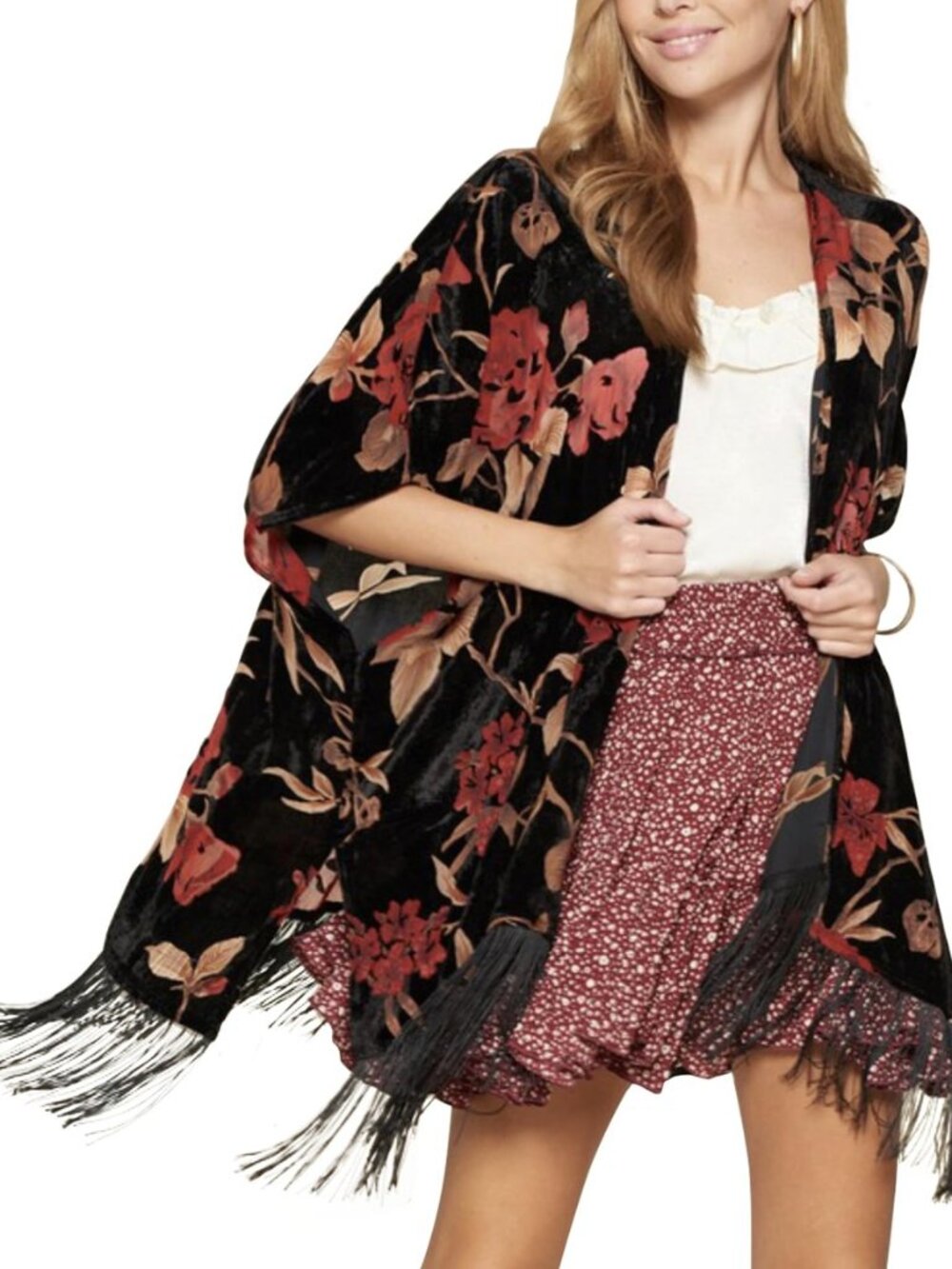 Women's Burnout Velvet Kimono Cardigan Cover Up with Tassel